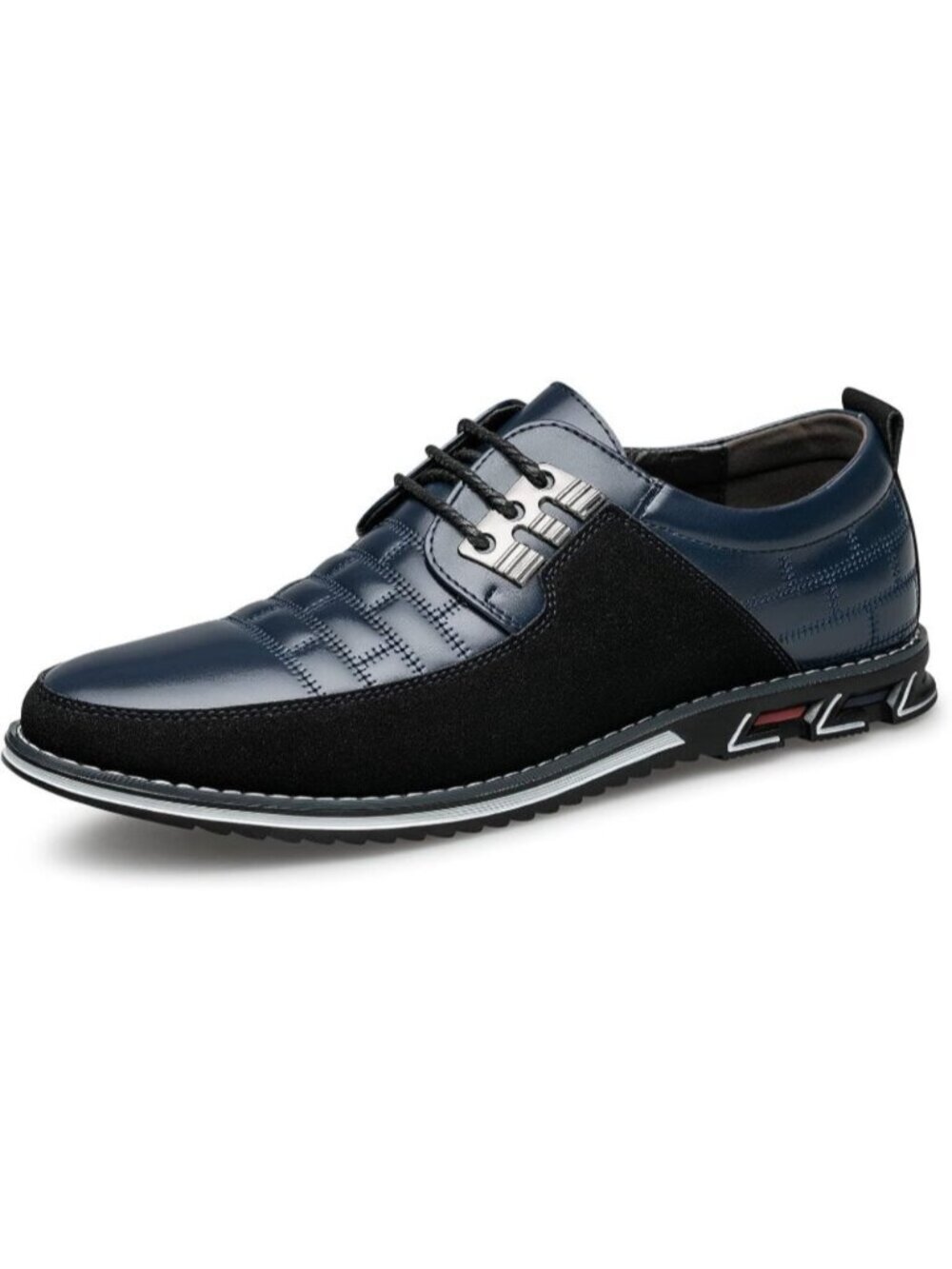 Men's Blue Leather Plaid Embossed Grid Comfortable Hybrid Oxford Dress Sneakers